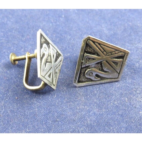 VINTAGE STERLING SILVER OVERLAY SCREWBACK EARRINGS DUCK IN REEDS - Picture 1 of 4